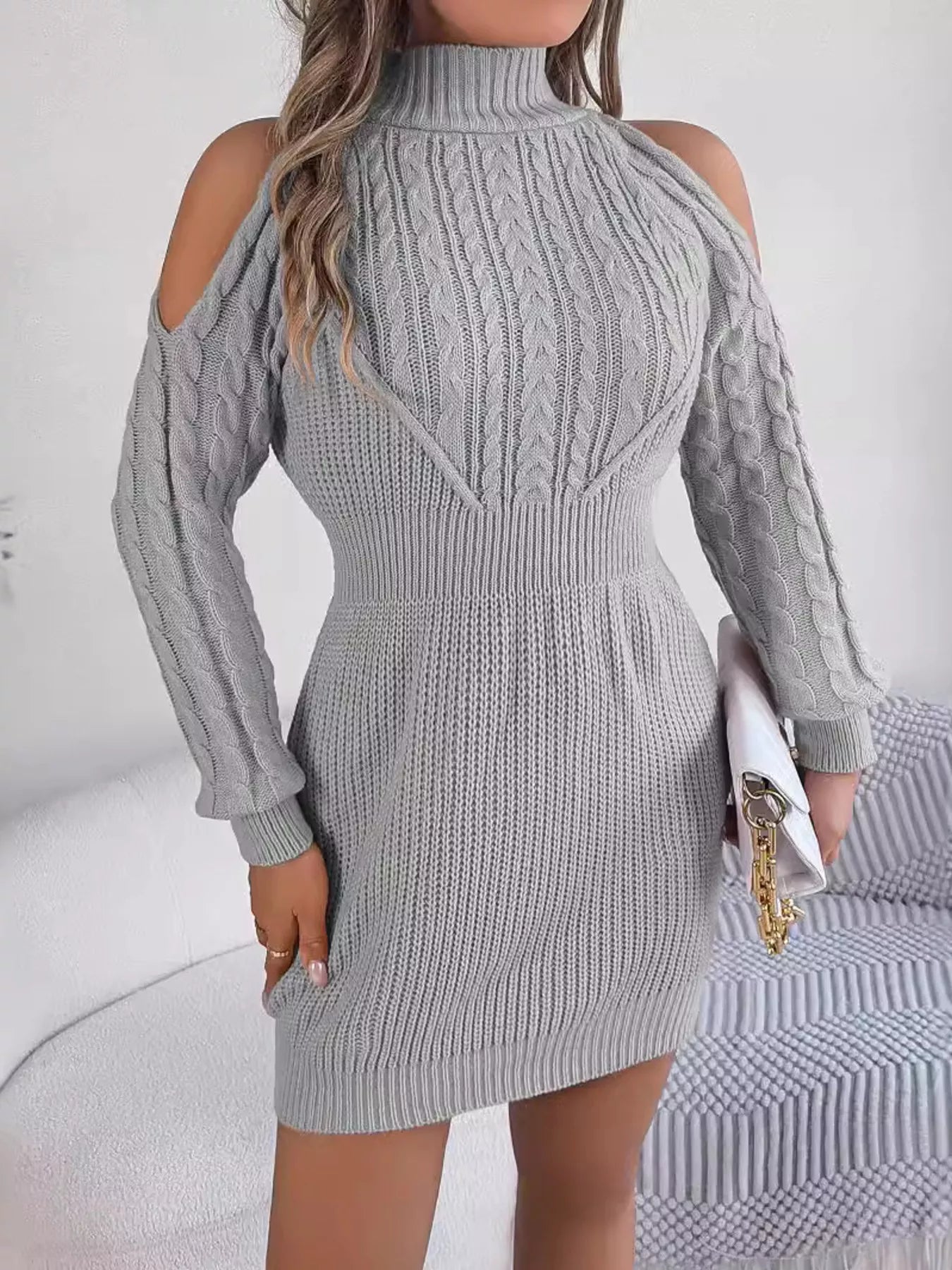 Cold Shoulder Cable Knit Turtleneck Sweater Dress 