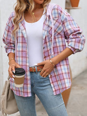 Plaid Button-Up Hooded Shirt with Chest Pocket 