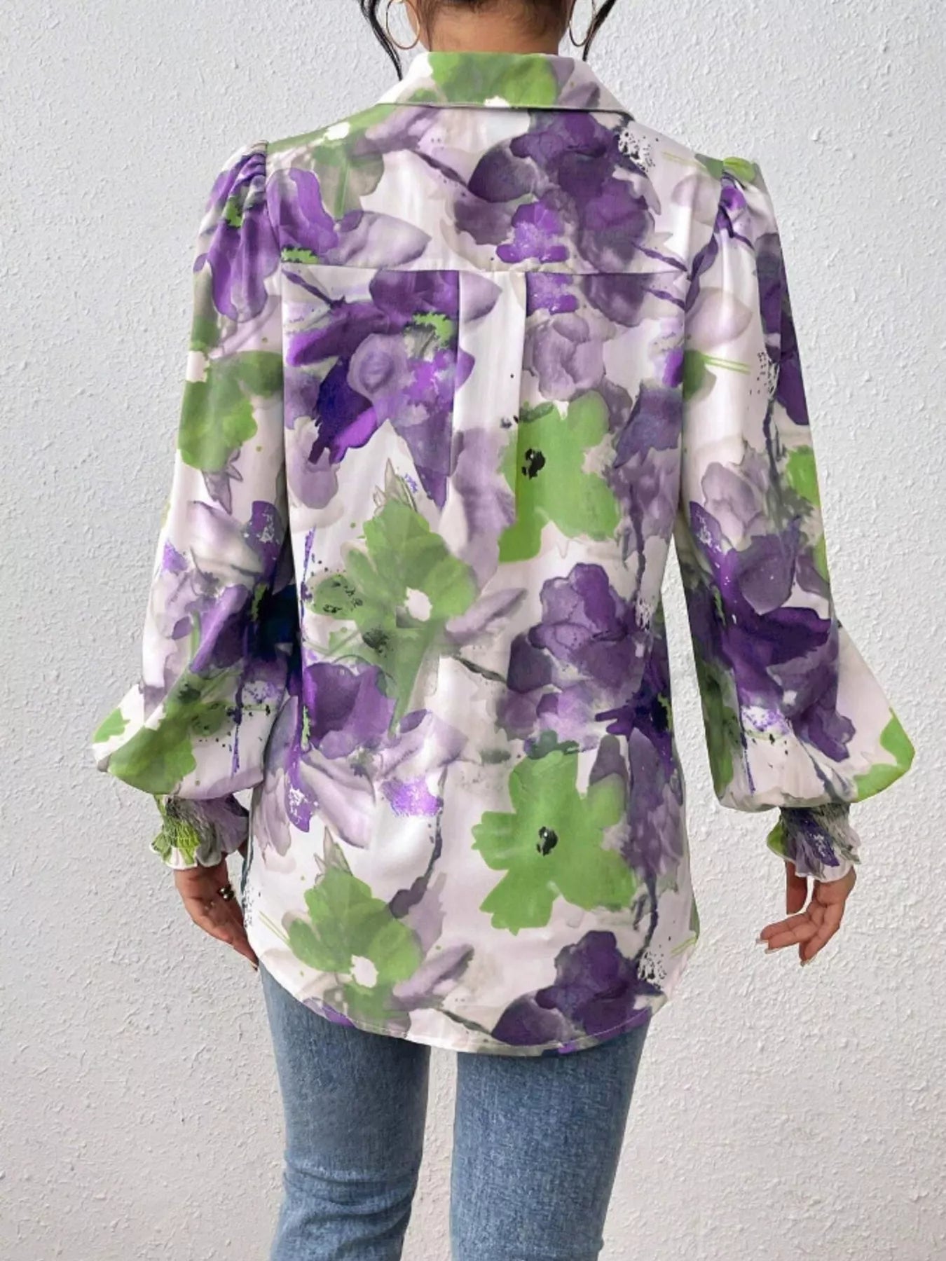 Printed Button Up Lantern Sleeve Shirt 