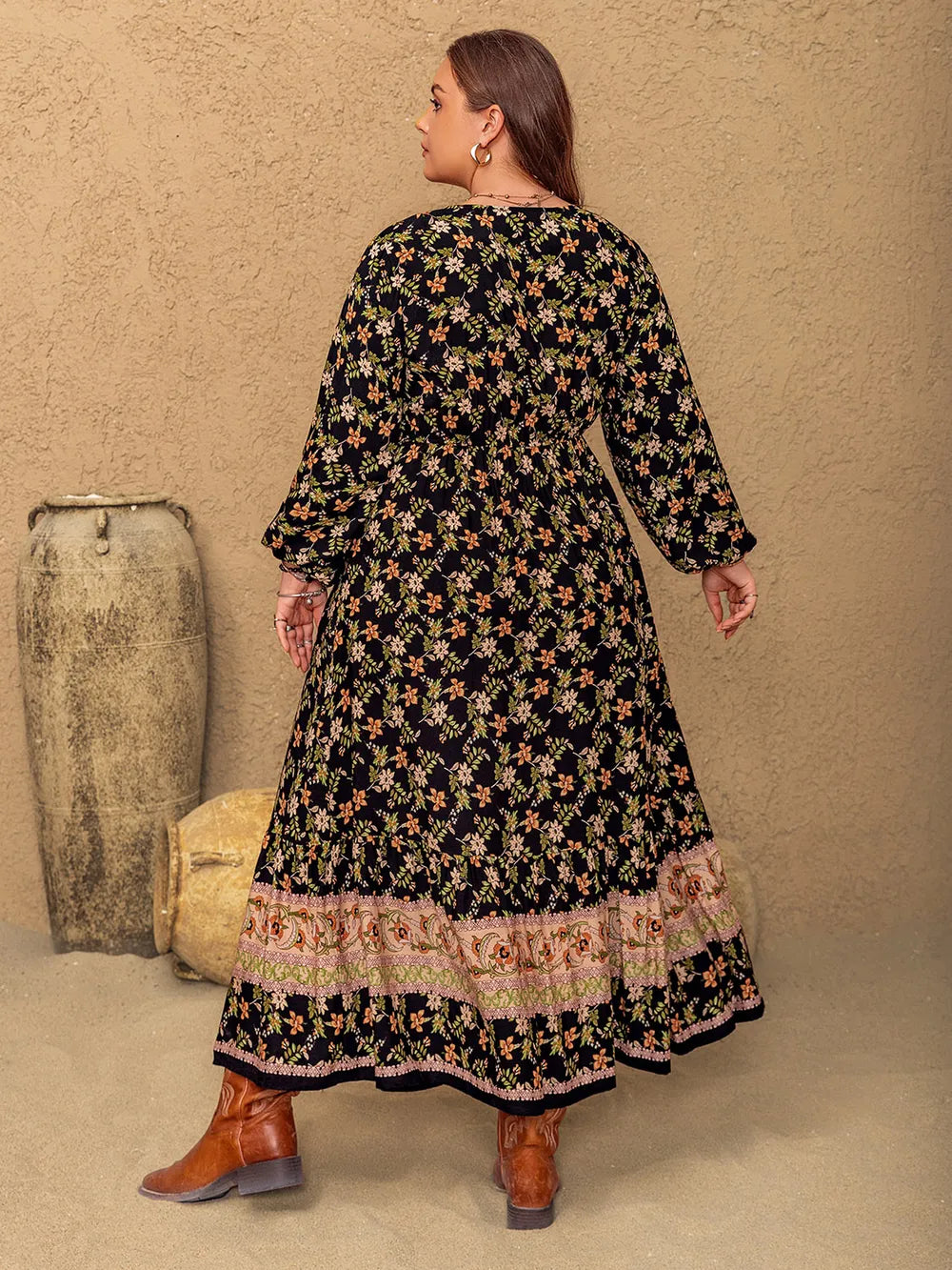 Plus Size Floral V-Neck Balloon Sleeve Dress 