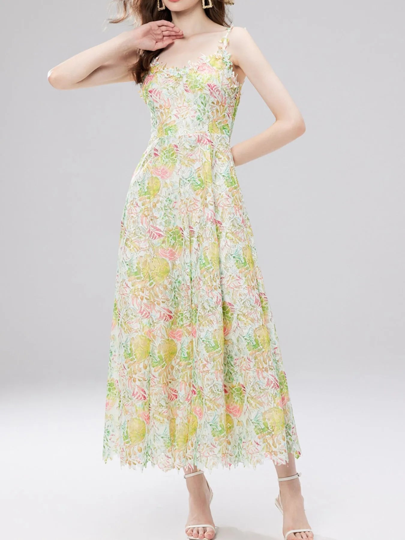 Floral Lace Sleeveless V-Neck Midi Dress 
