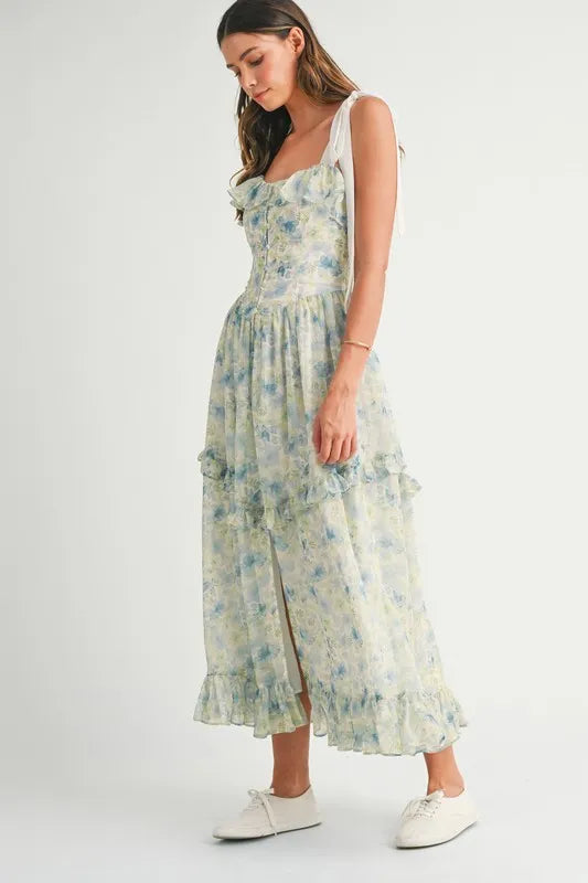 MABLE Floral Printed Shoulder Strap Midi Dress 