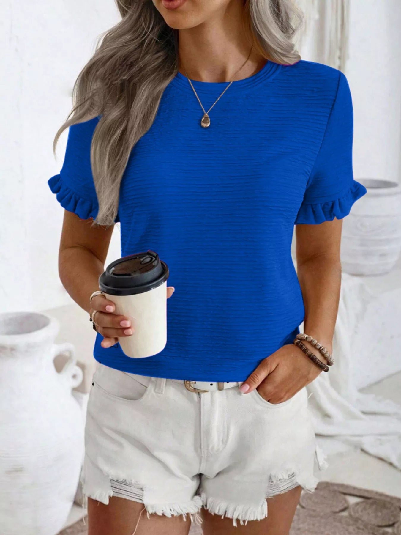 Textured Ruffle Sleeve Round Neck T-Shirt 