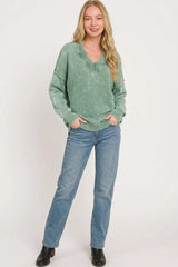 Zenana Washed Deep V-neck Oversized Sweater 