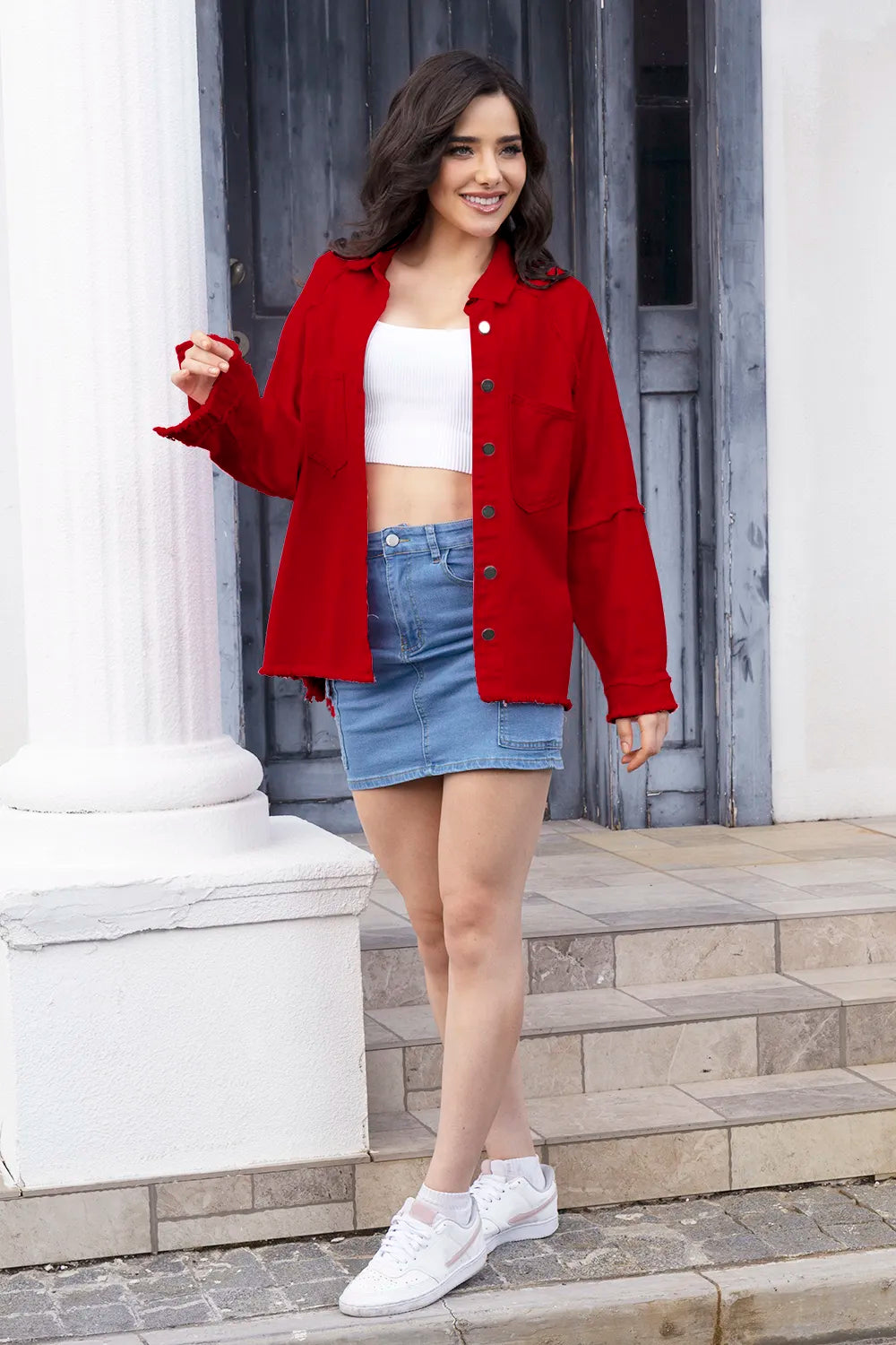 Raw Hem Pocketed Collared Neck Denim Jacket 
