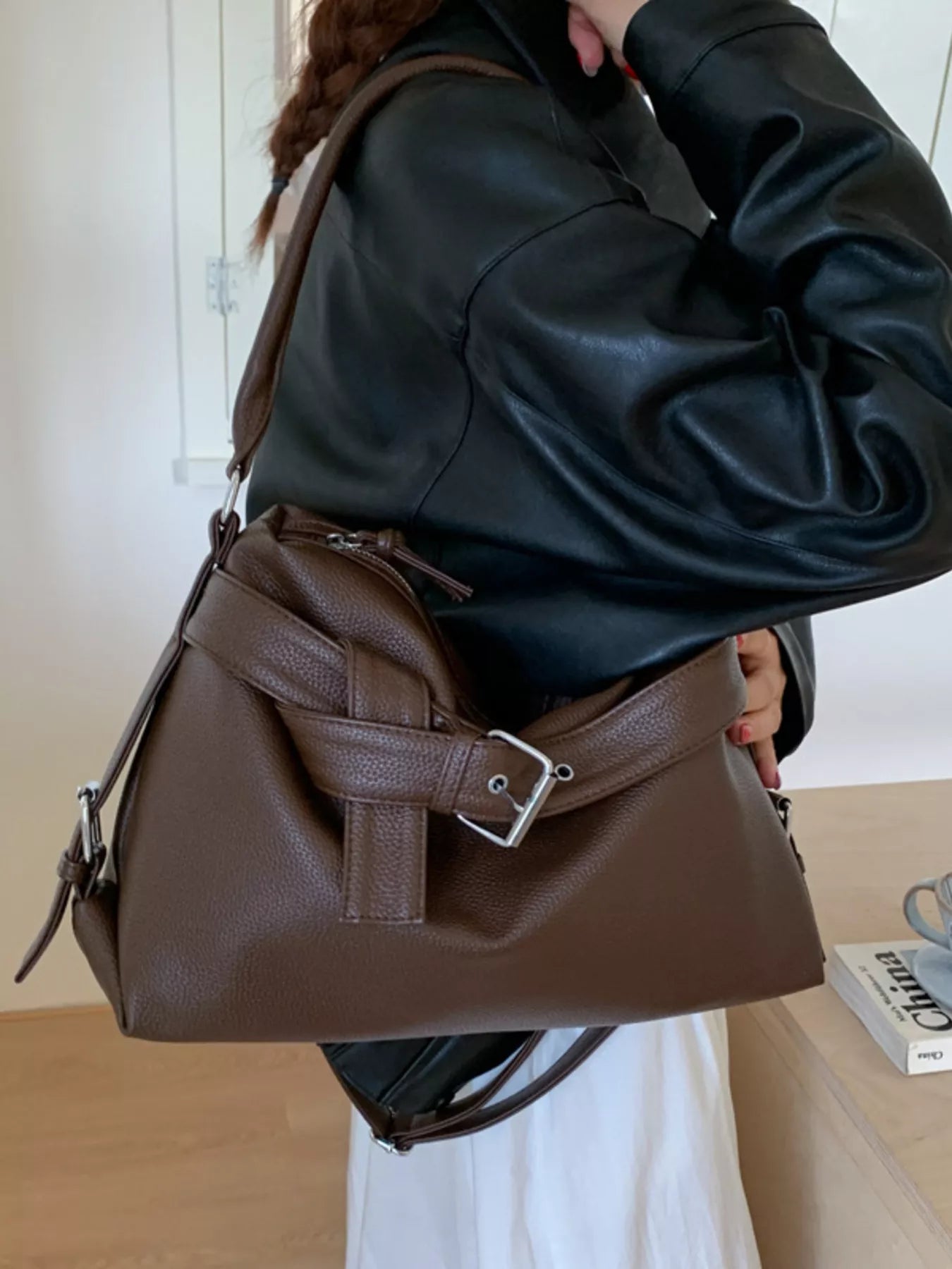 Decor Buckle Leather Shoulder Bag 