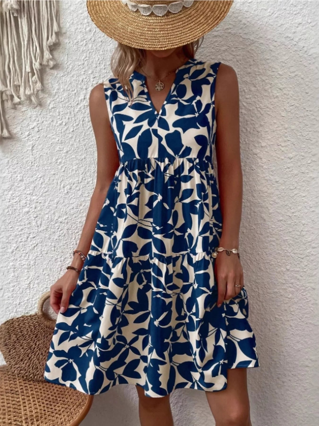 Full Size Printed Notched Sleeveless Mini Dress Plus Size 
