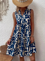 Full Size Printed Notched Sleeveless Mini Dress Plus Size 