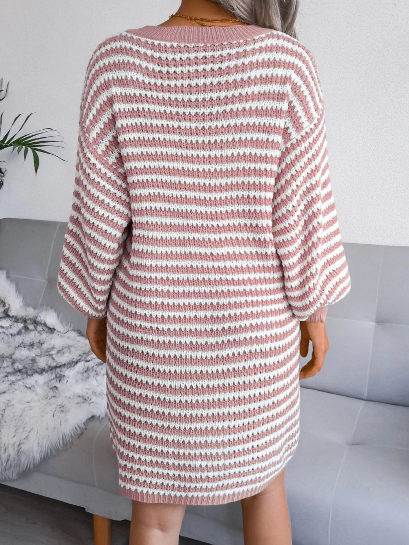 Striped V-Neck Long Sleeve Sweater Dress 