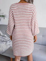 Striped V-Neck Long Sleeve Sweater Dress 