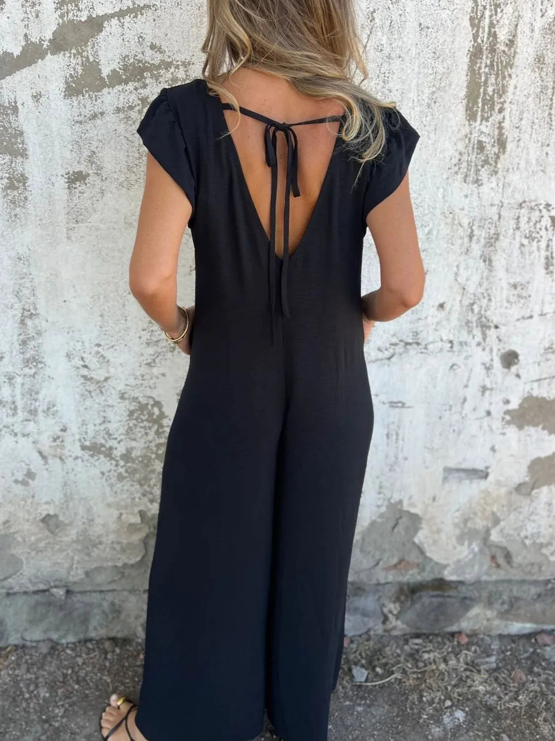 Full Size V-Neck Cap Sleeve Wide Leg Jumpsuit Plus Size 