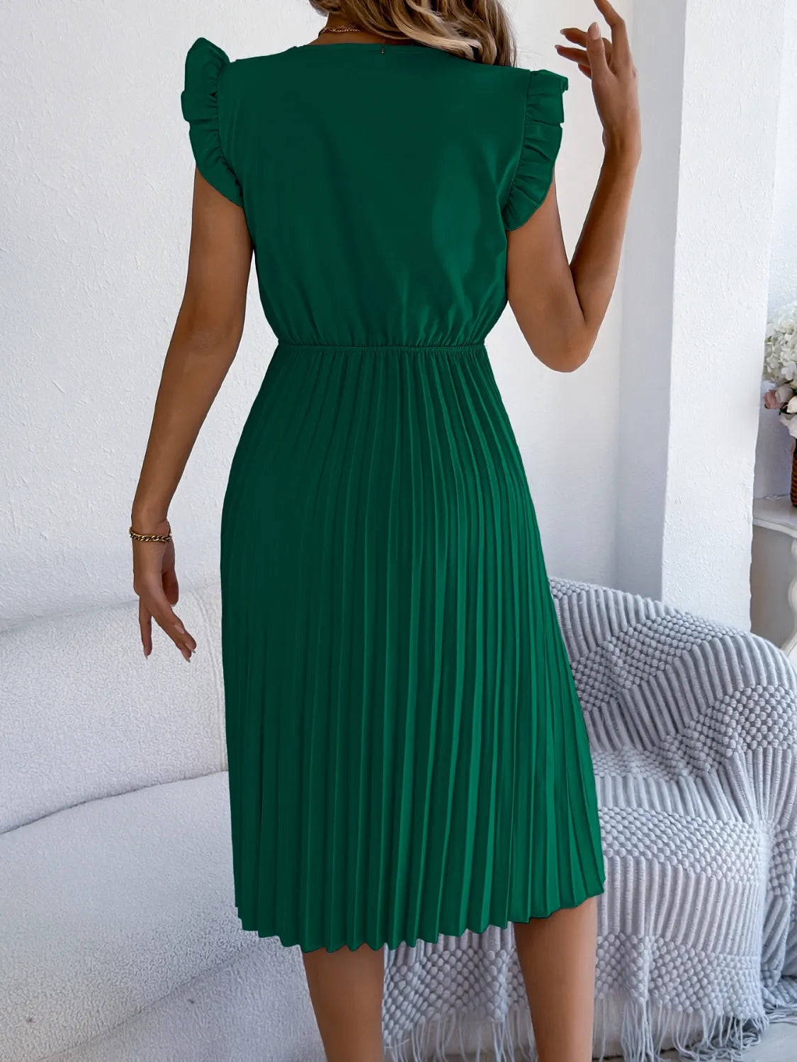Lace Detail Ruffled Cap Sleeve Pleated Dress 