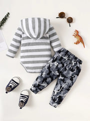 Children's Striped Hooded Bodysuit and Camouflage Pants Set 