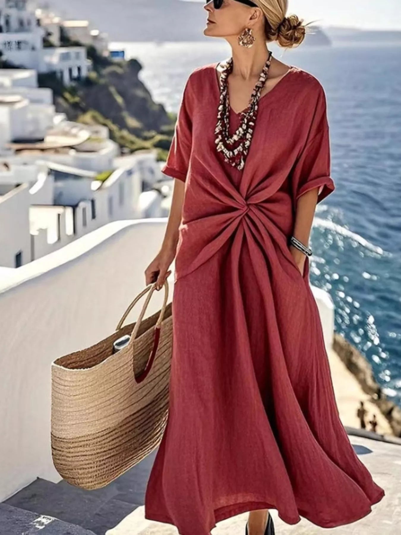 Twist Front V-Neck Half Sleeve Dress 