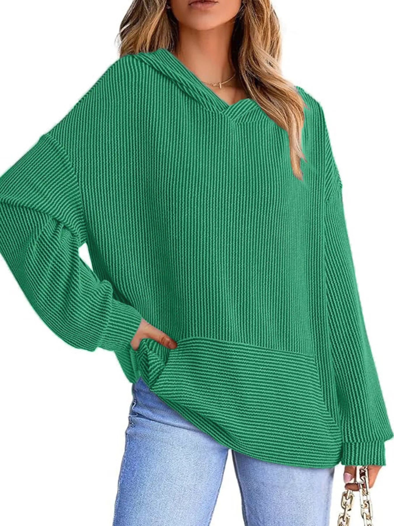 Ribbed Oversized Hoodie Sweatshirt with Pocket 