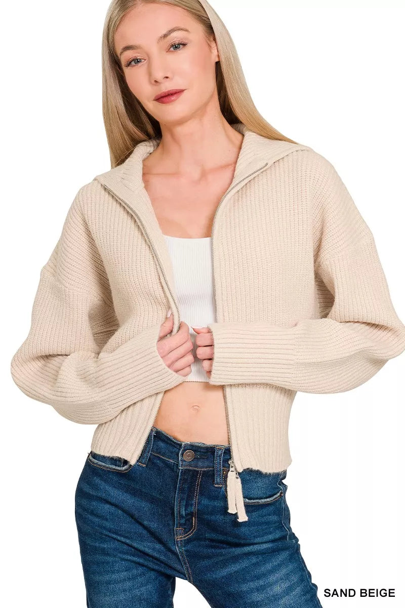 Zenana Ribbed Collared Zip Up Sweater Cardigan 