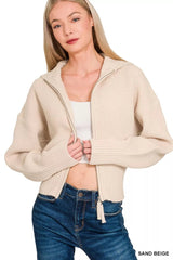 Zenana Ribbed Collared Zip Up Sweater Cardigan 
