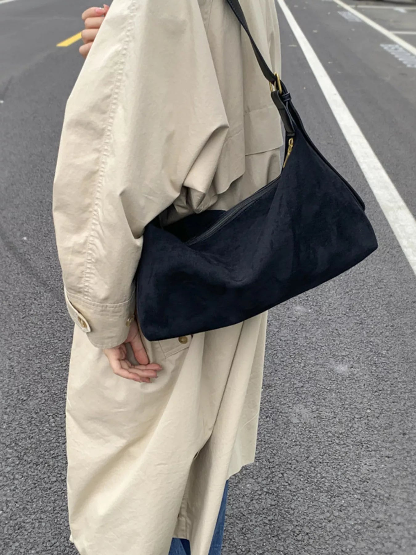 Solid Color Suede Hobo Crossbody Bag 