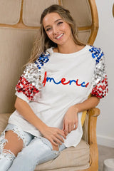 BiBi America Letter Applique Spangle Puff Sleeves Top 