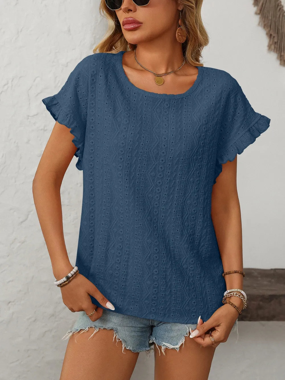 Mandy Eyelet Round Neck Short Sleeve Top 