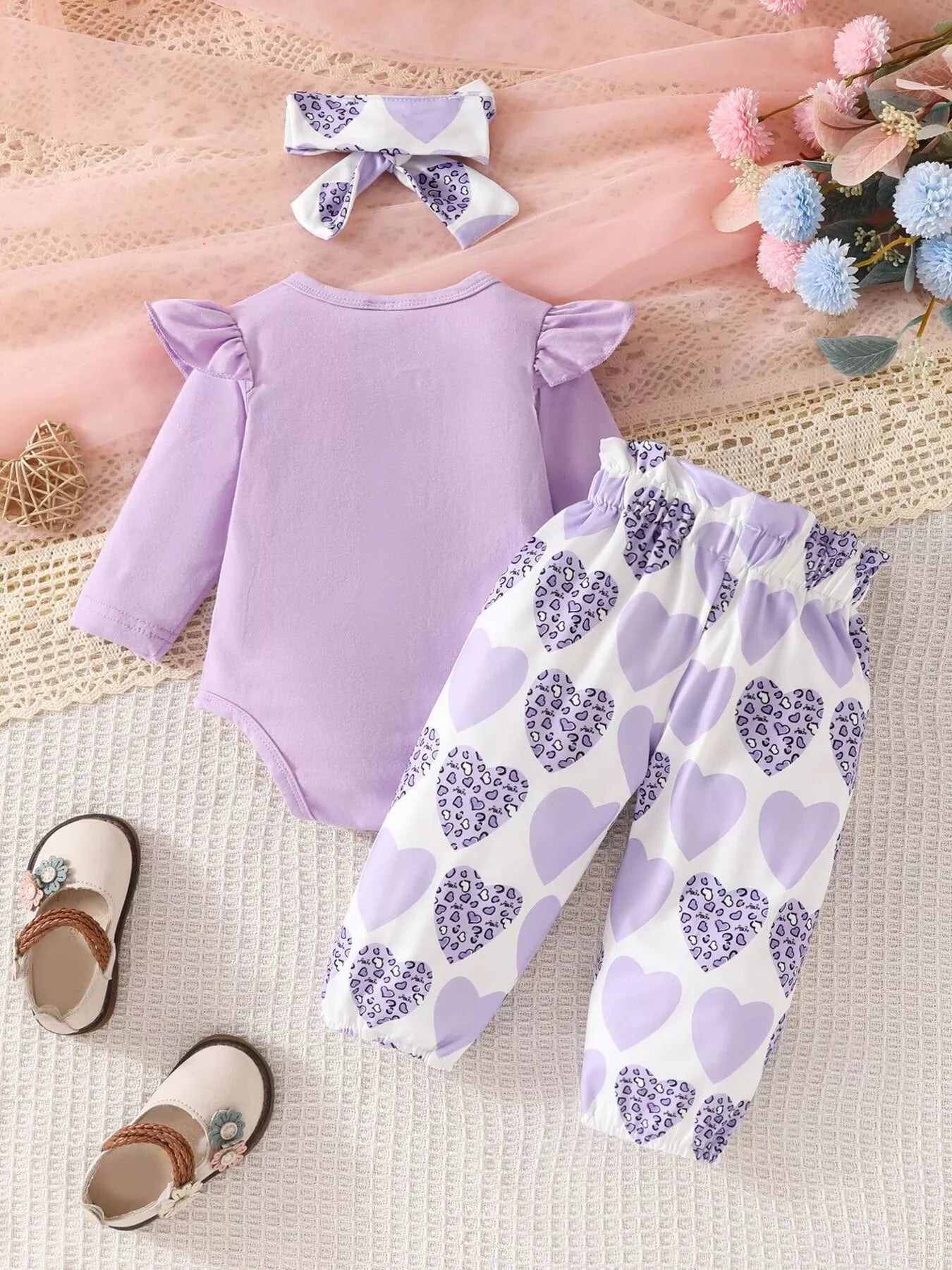 Children's Graphic Ruffled Top and Pants Set with Headband 