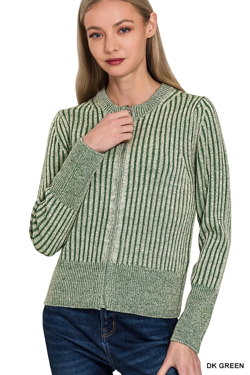 Zenana Ribbed Two Tone Zip Up Sweater Cardigan 