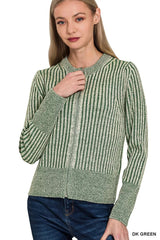 Zenana Ribbed Two Tone Zip Up Sweater Cardigan 
