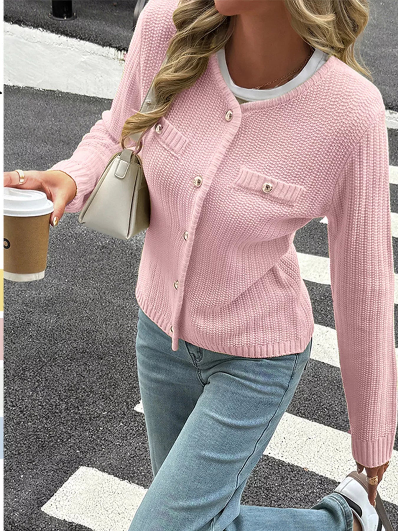 Button-Front Ribbed Long Sleeve Cardigan 