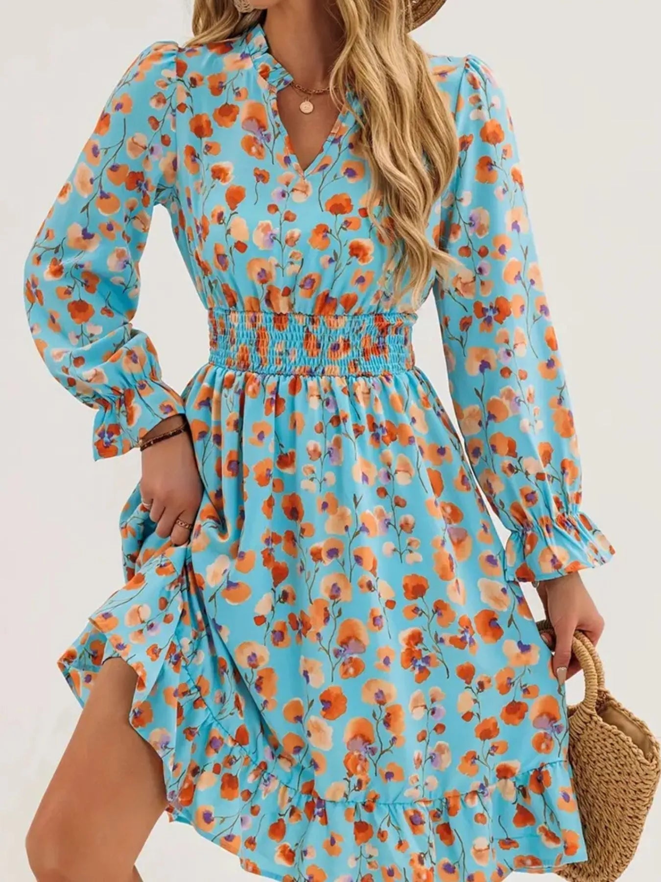 Floral Print Flounce Sleeve Ruffle Hem Dress 