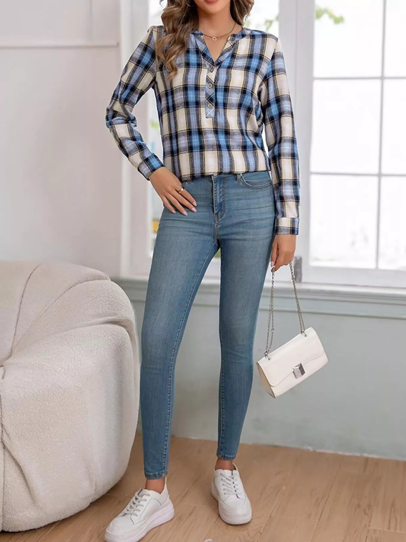 Plaid Half Button Long Sleeve Blouse 