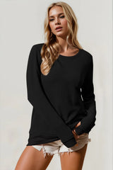 Double Take Corded Rib Thumbhole Cuff Round Neck T-Shirt 
