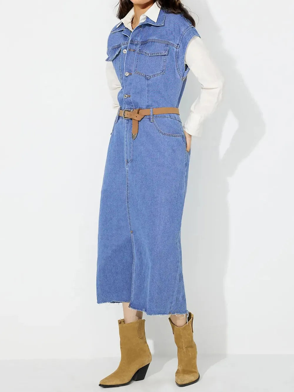 Slit Half Button Collared Neck Cap Sleeve Denim Dress 