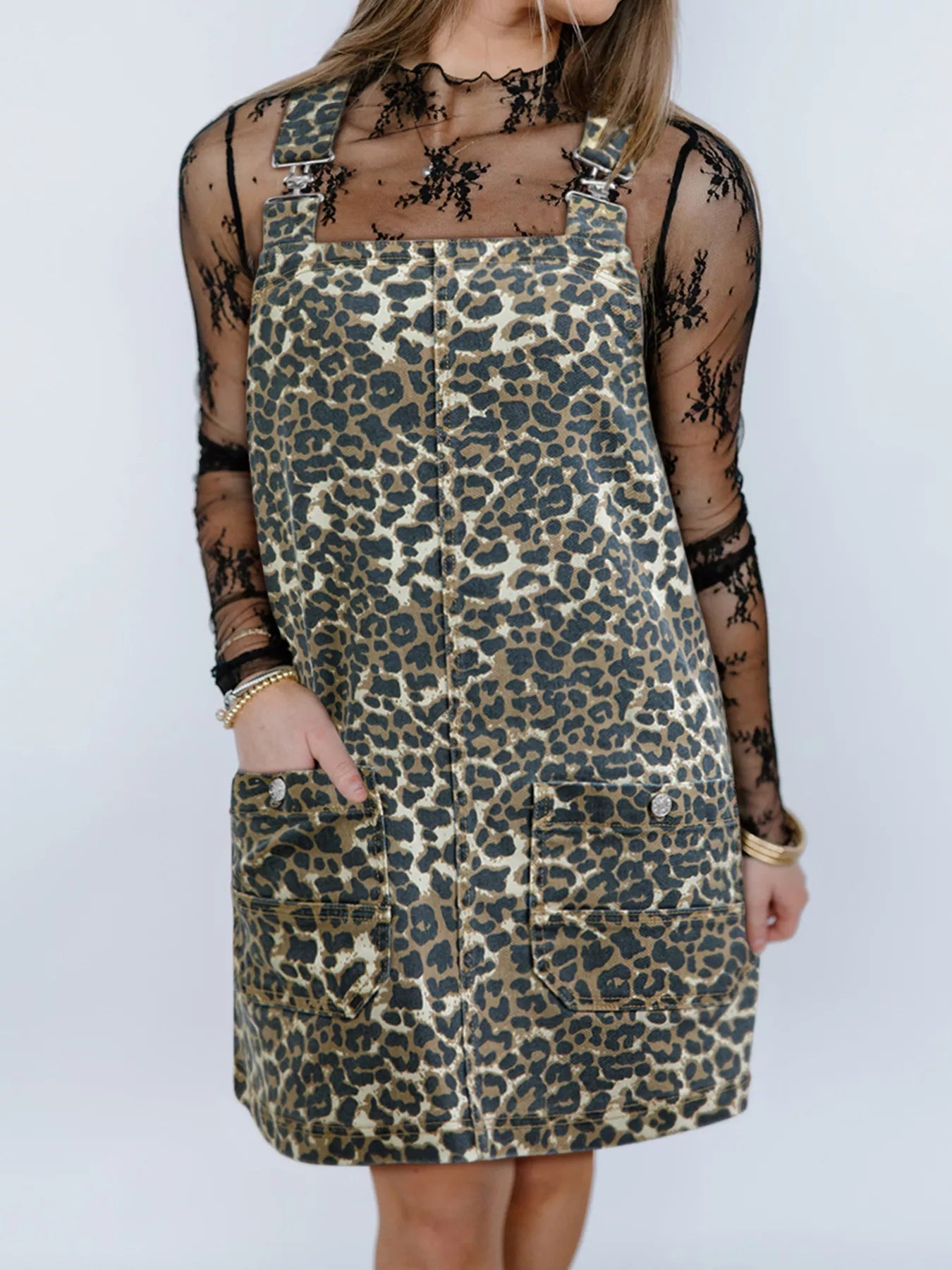 Leopard Print Denim Overall Dress 