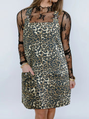 Leopard Print Denim Overall Dress 