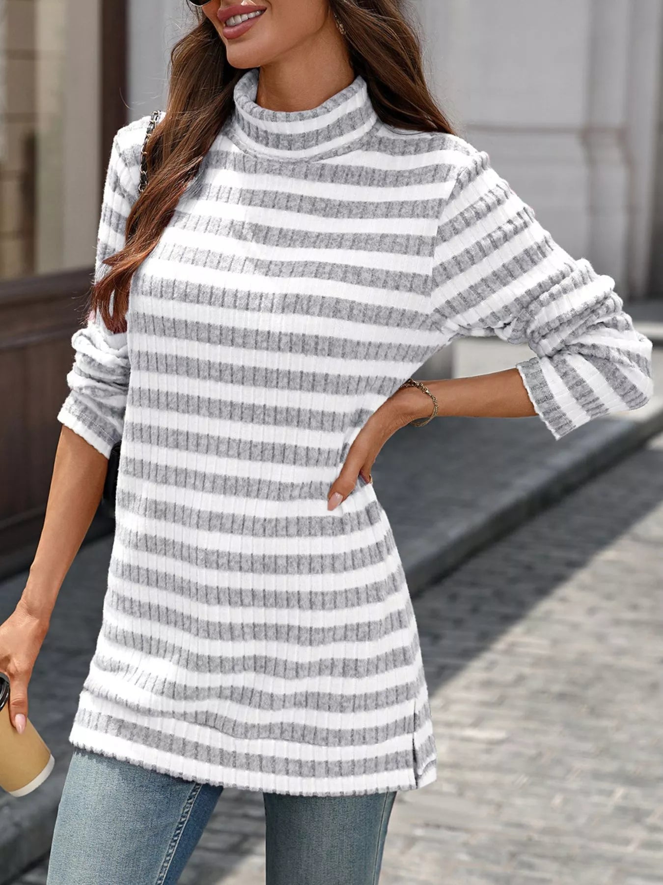 Striped Turtleneck Long Sleeve Knit Top 
