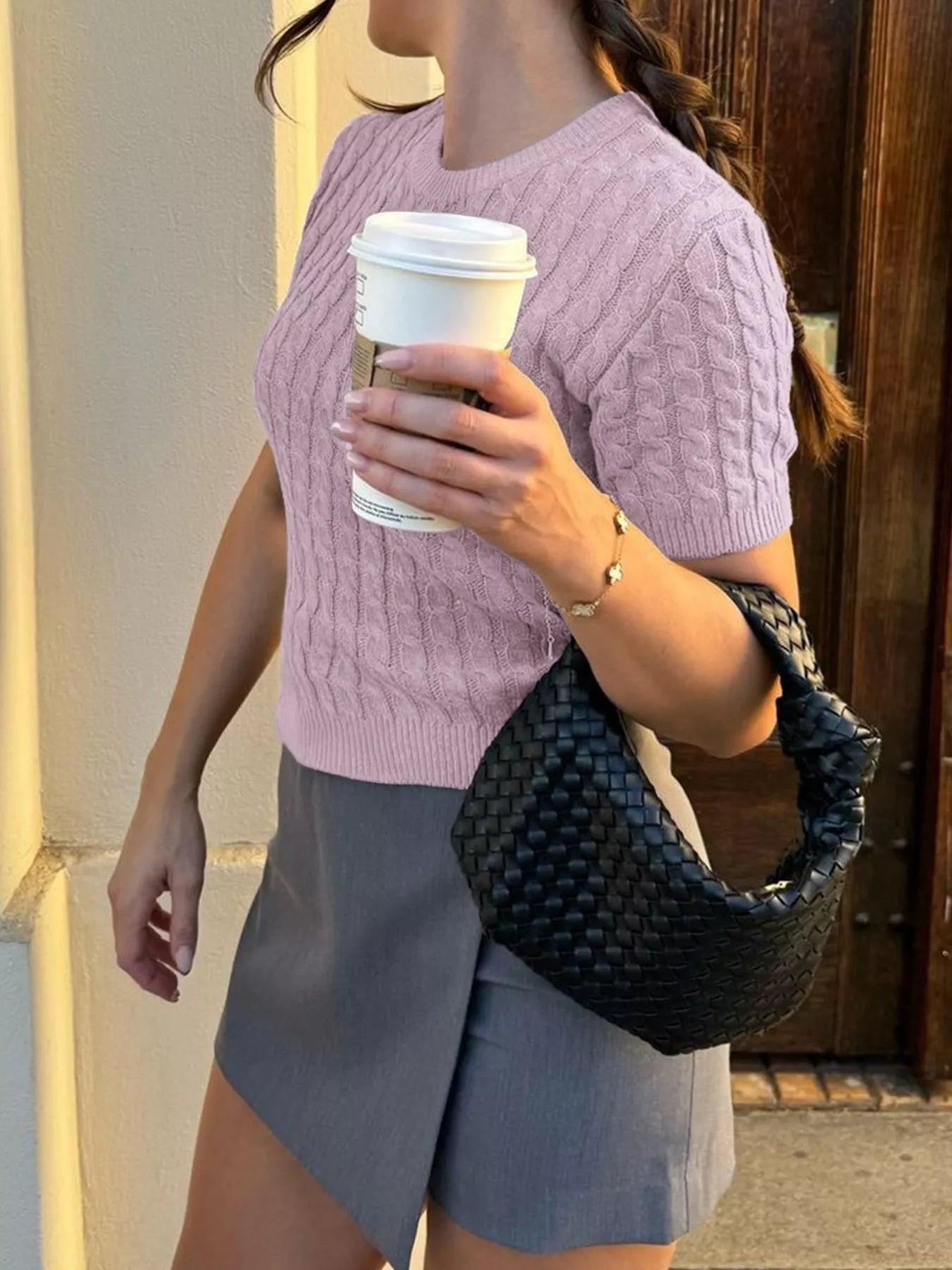 Cable-Knit Short Sleeve Sweater 