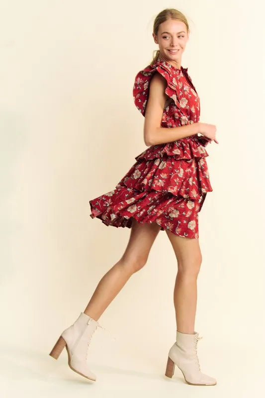 Davi & Dani Ruffle Flutter Sleeve Tie Belt Tiered Mini Dress 