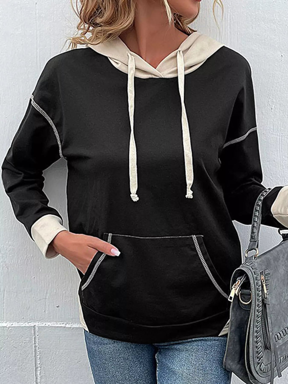 Color Block Hoodie with Drawstring and Kangaroo Pocket 