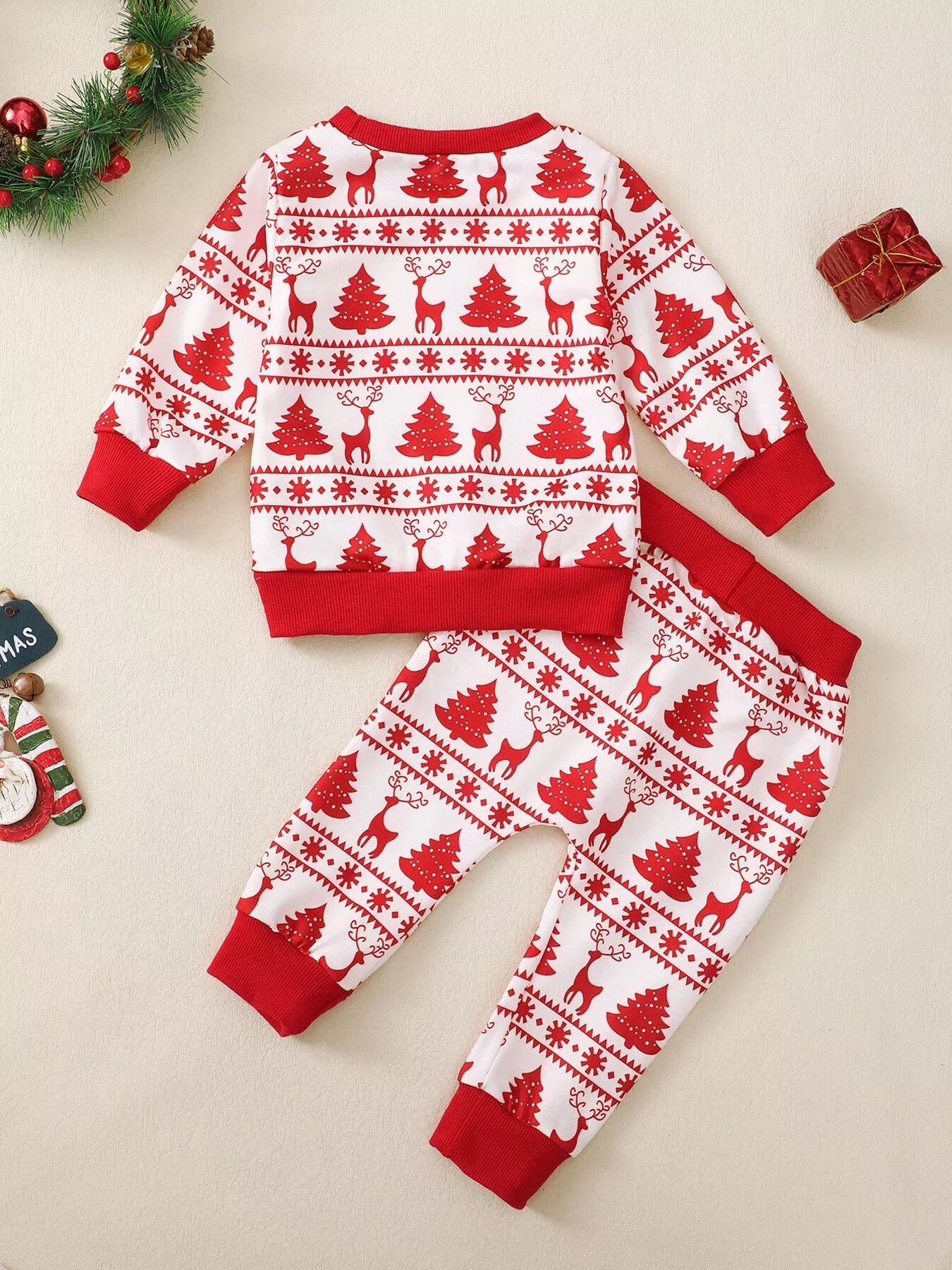 Children's Christmas Reindeer & Tree Print Top and Pants Set 