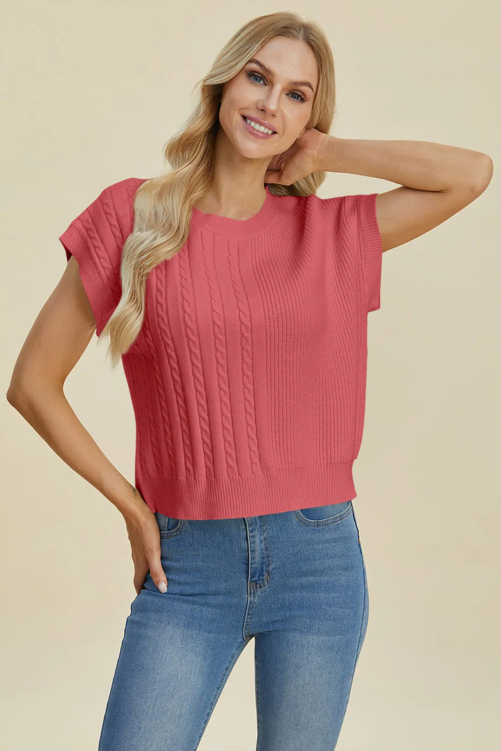 Double Take Full Size Cable-Knit Round Neck Short Sleeve Sweater 