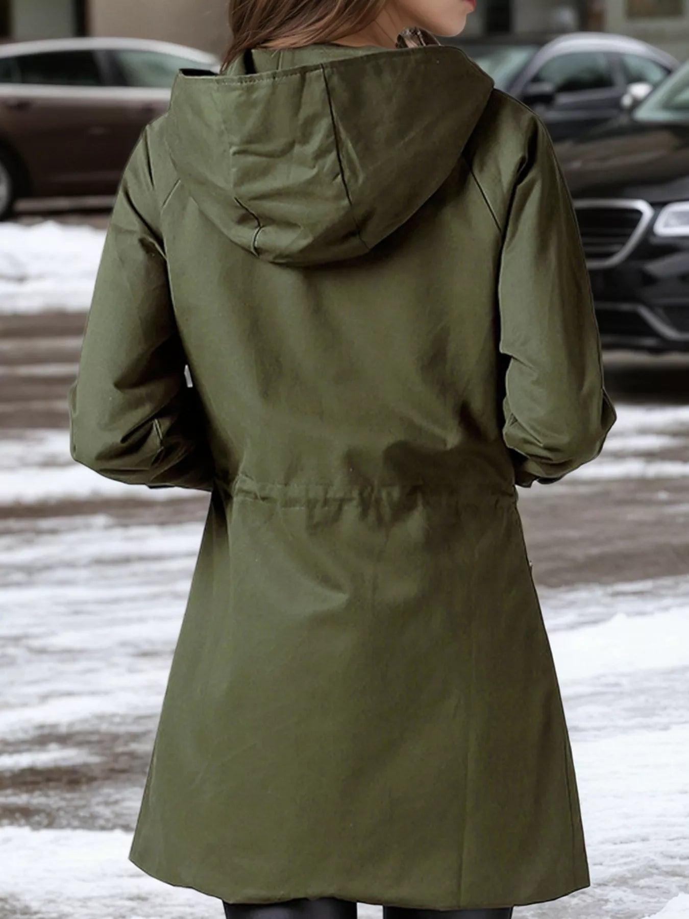 Plus Size Hooded Drawstring Waist Trench Coat 