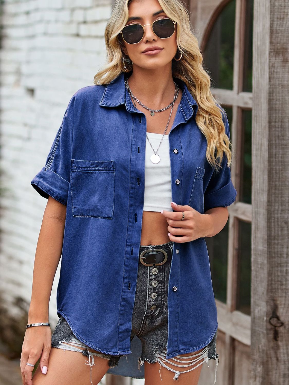 Short Sleeve Collared Neck Denim Shacket with Pockets 