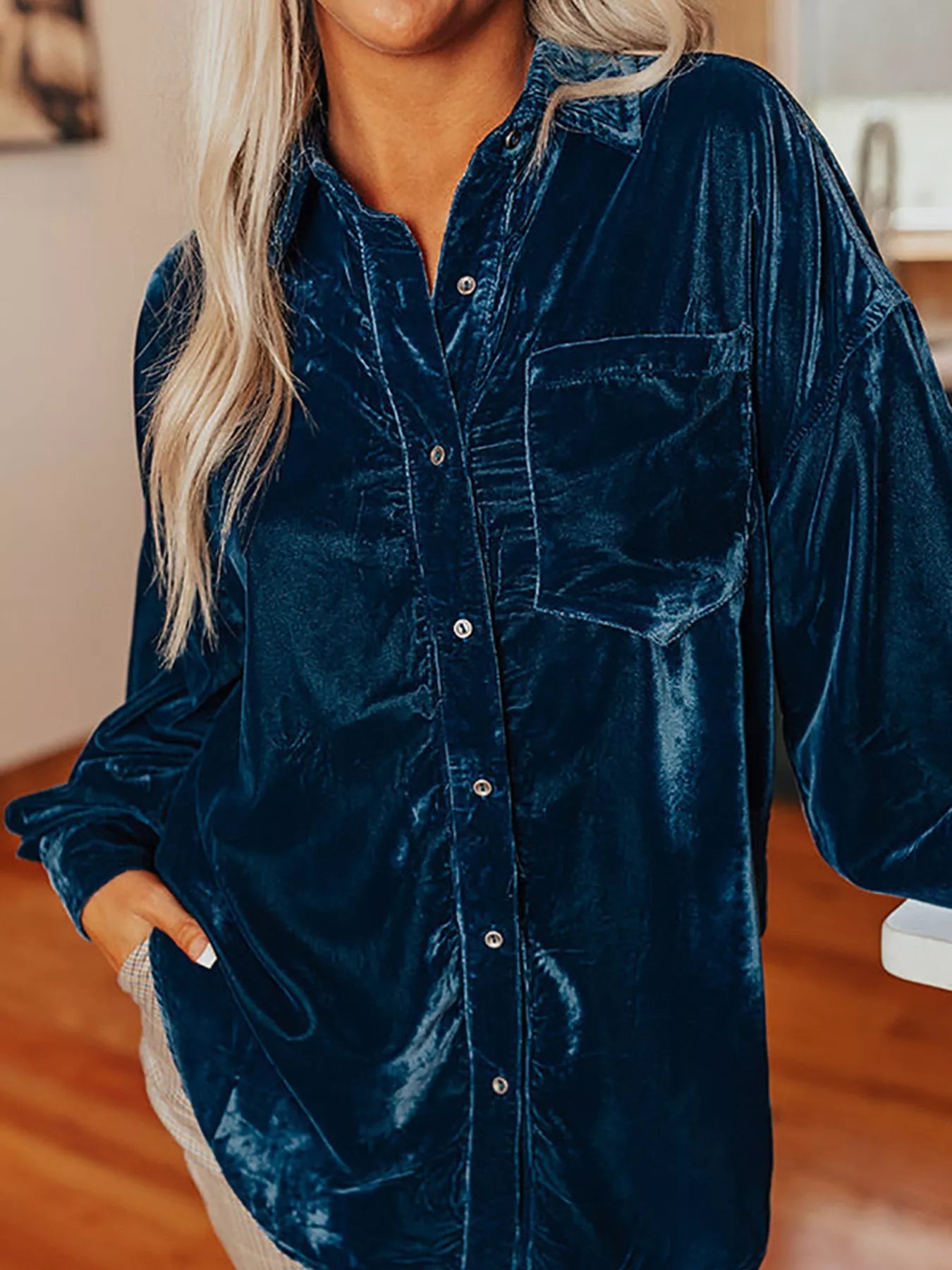 Velvet Button-Down Long Sleeve Shirt 