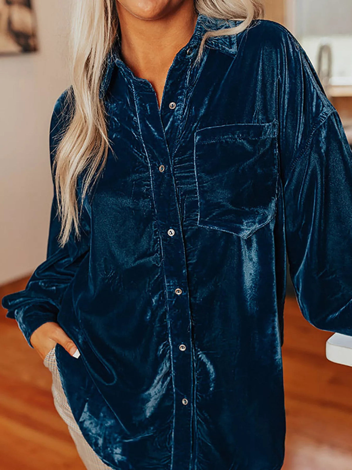 Velvet Button-Down Long Sleeve Shirt 