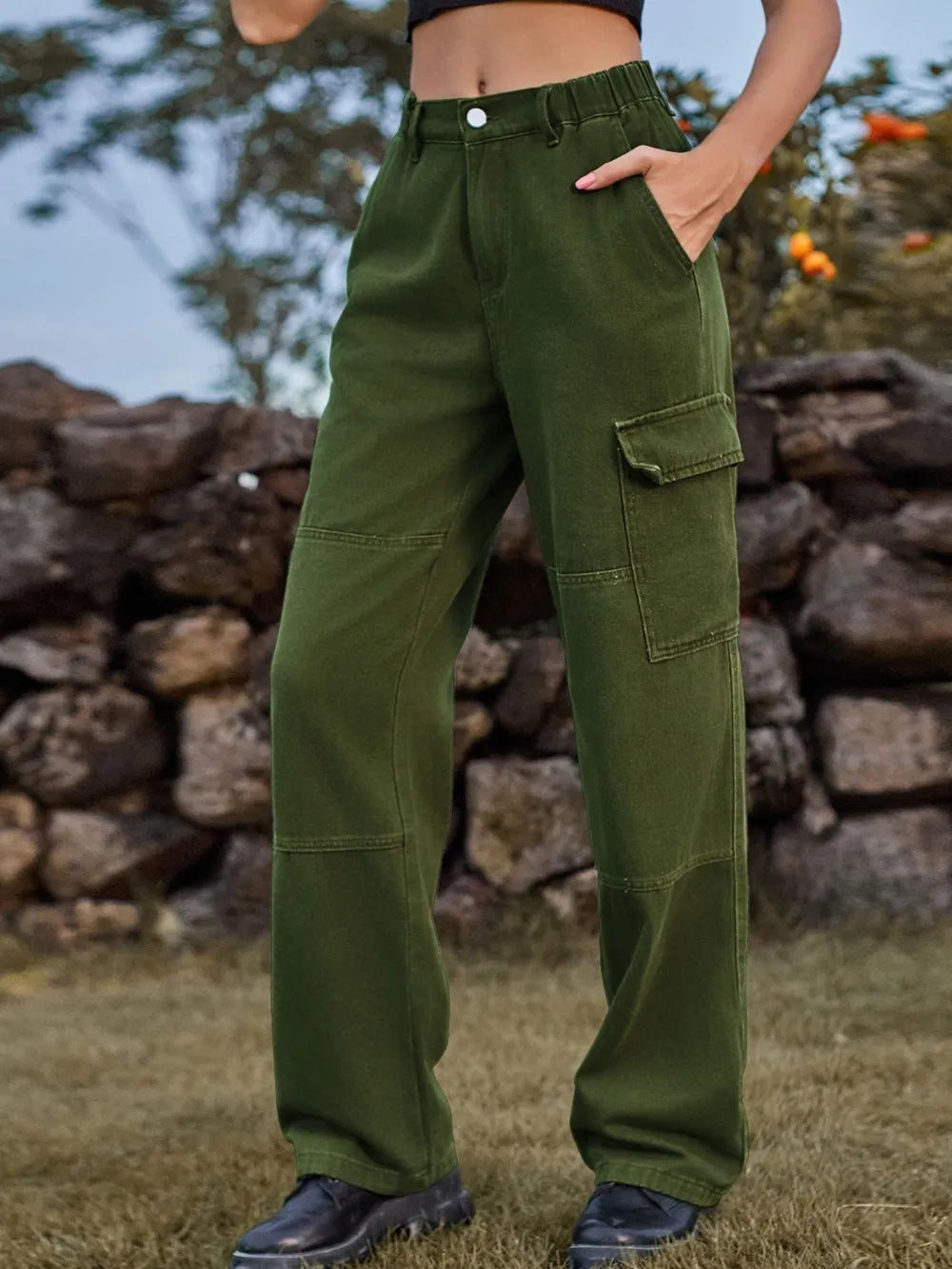 High Waist Cargo Straight Jeans 