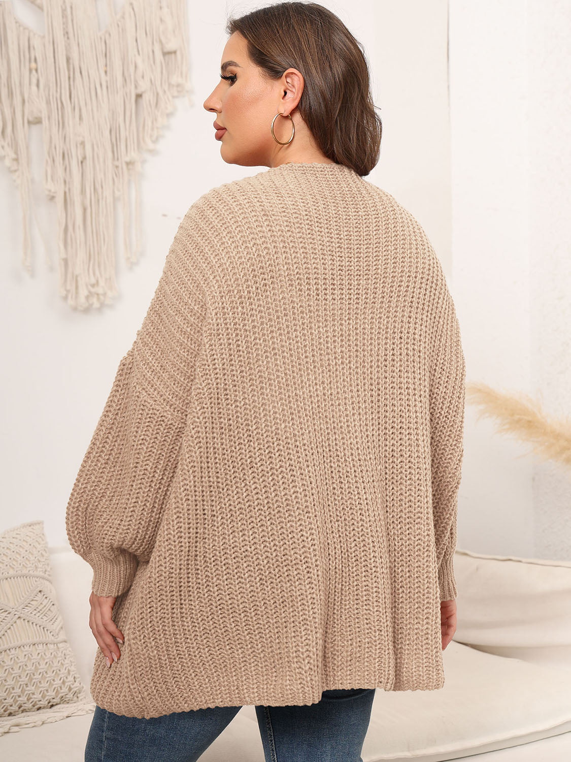 Plus Size Open Front Dropped Shoulder Knit Cardigan 