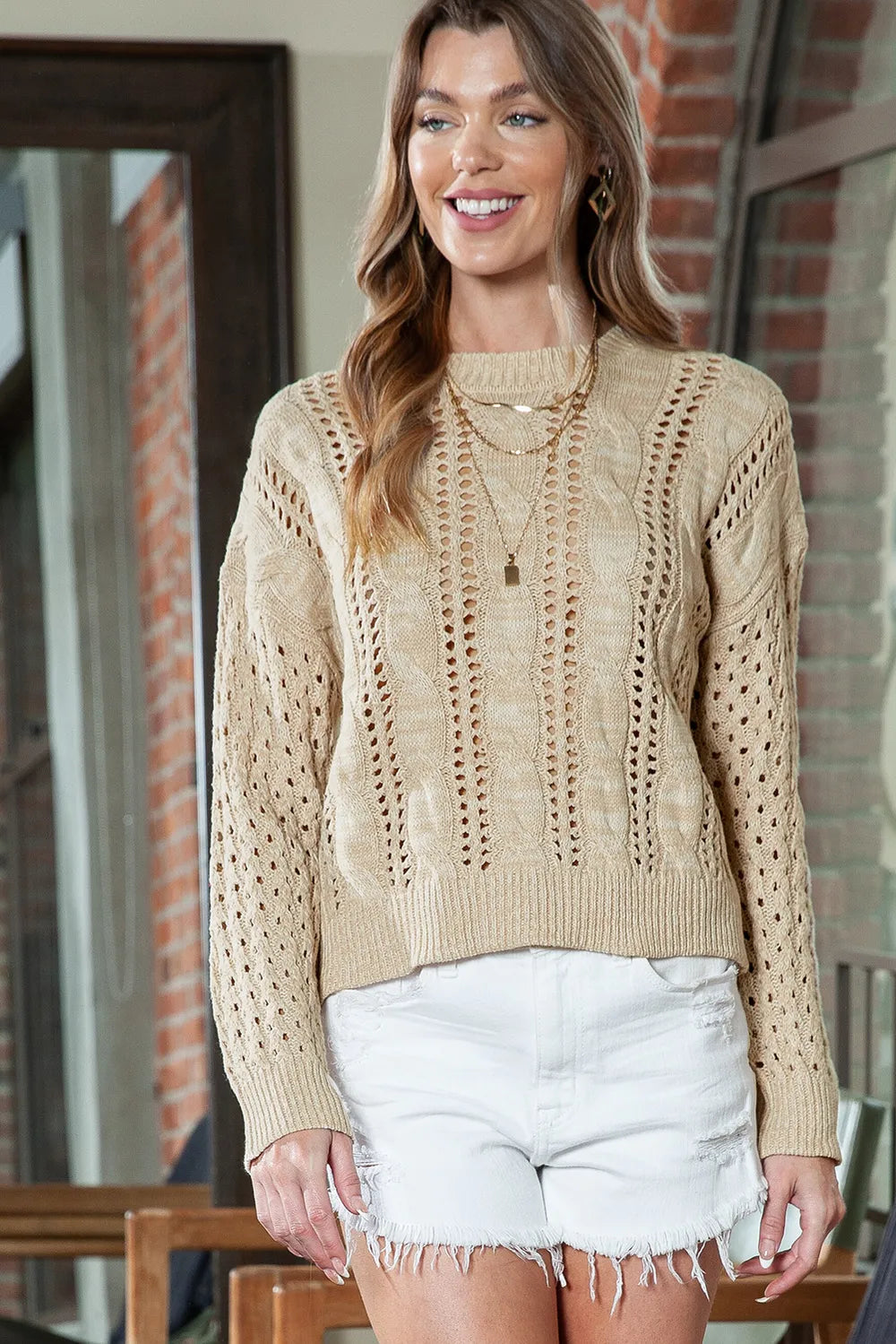 Full Size Openwork Cable-Knit Round Neck Knit Top 