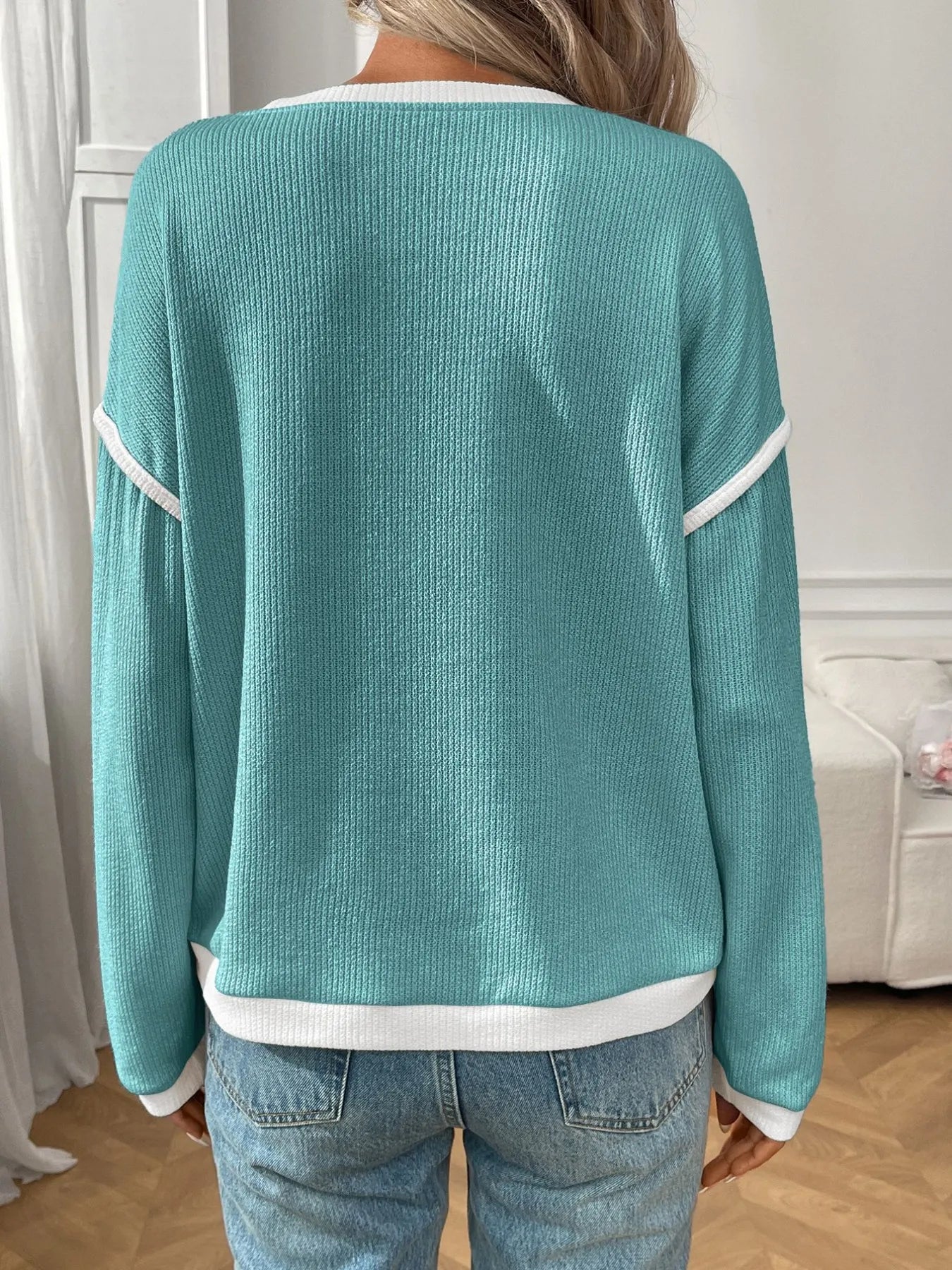 Ribbed Contrast Trim Long Sleeve Top 