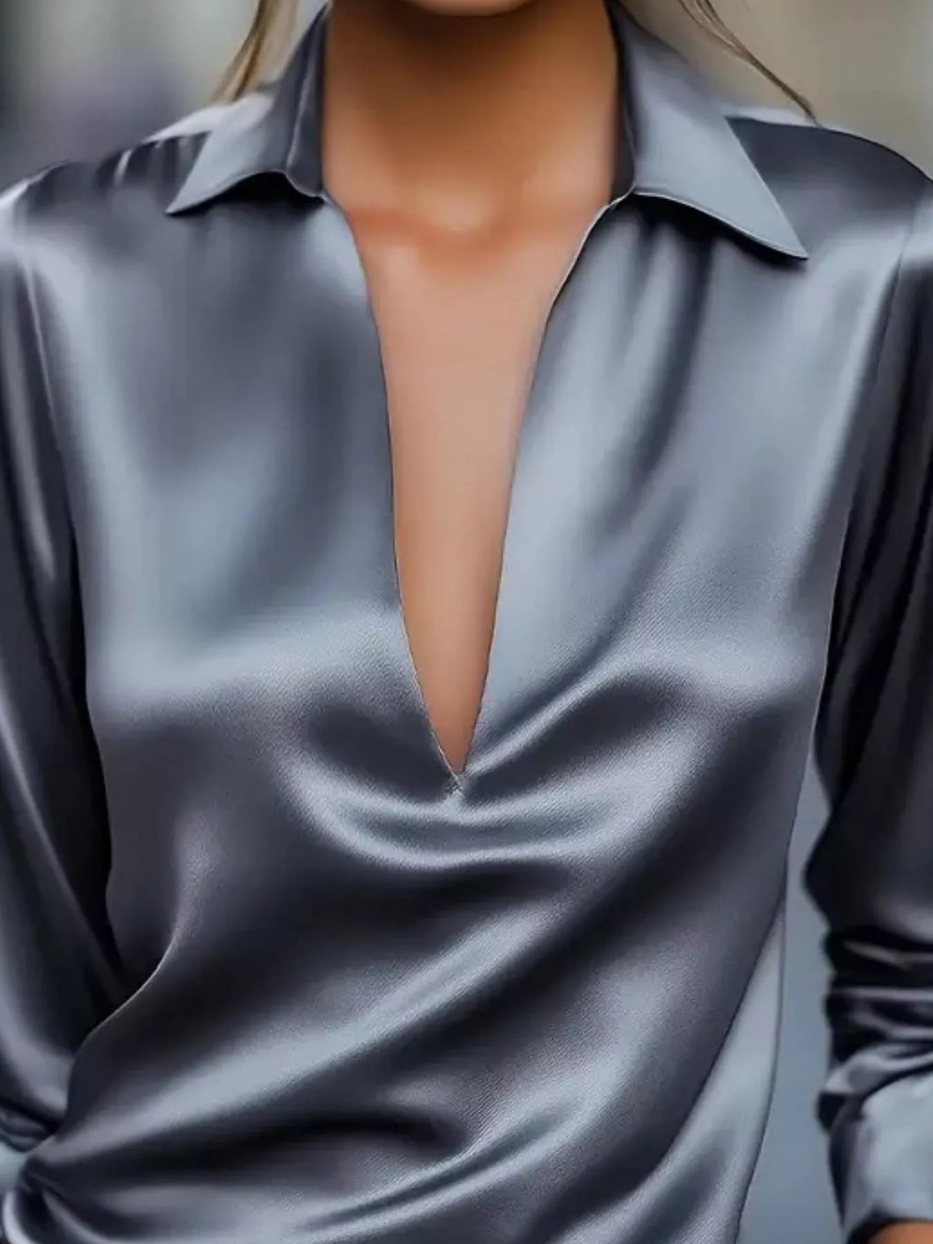 Satin Johnny Collar Long Sleeve Blouse 