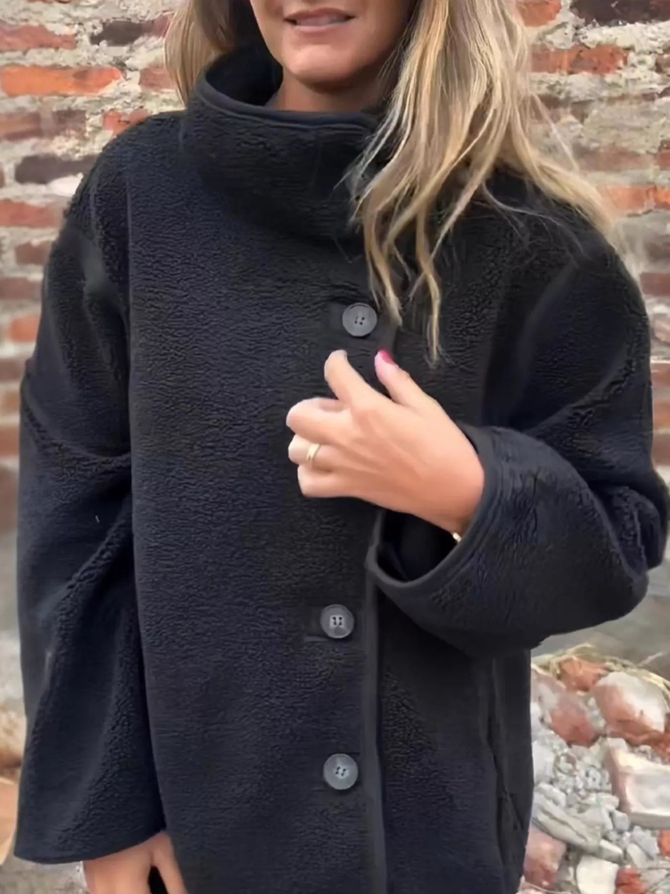Full Size Button Up Long Sleeve Fleece Jacket Plus Size 